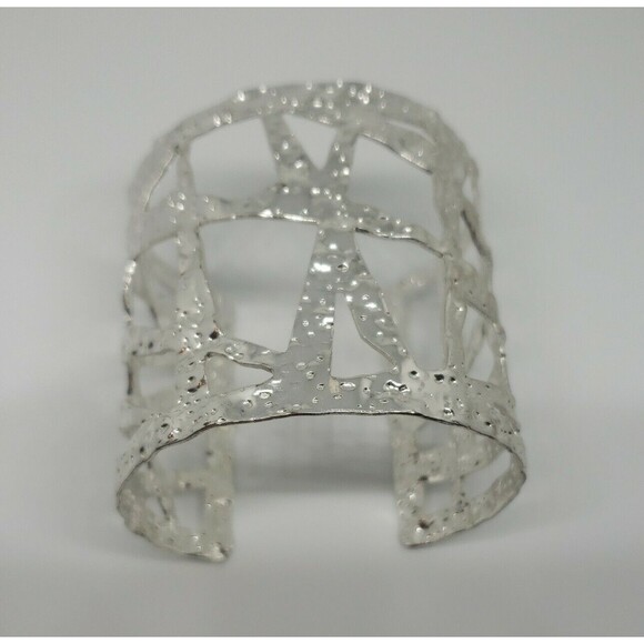 Silver Tone Cuff Bracelet Metal Geometric Cut Outs Heavy Weight Open Work - Picture 7 of 8